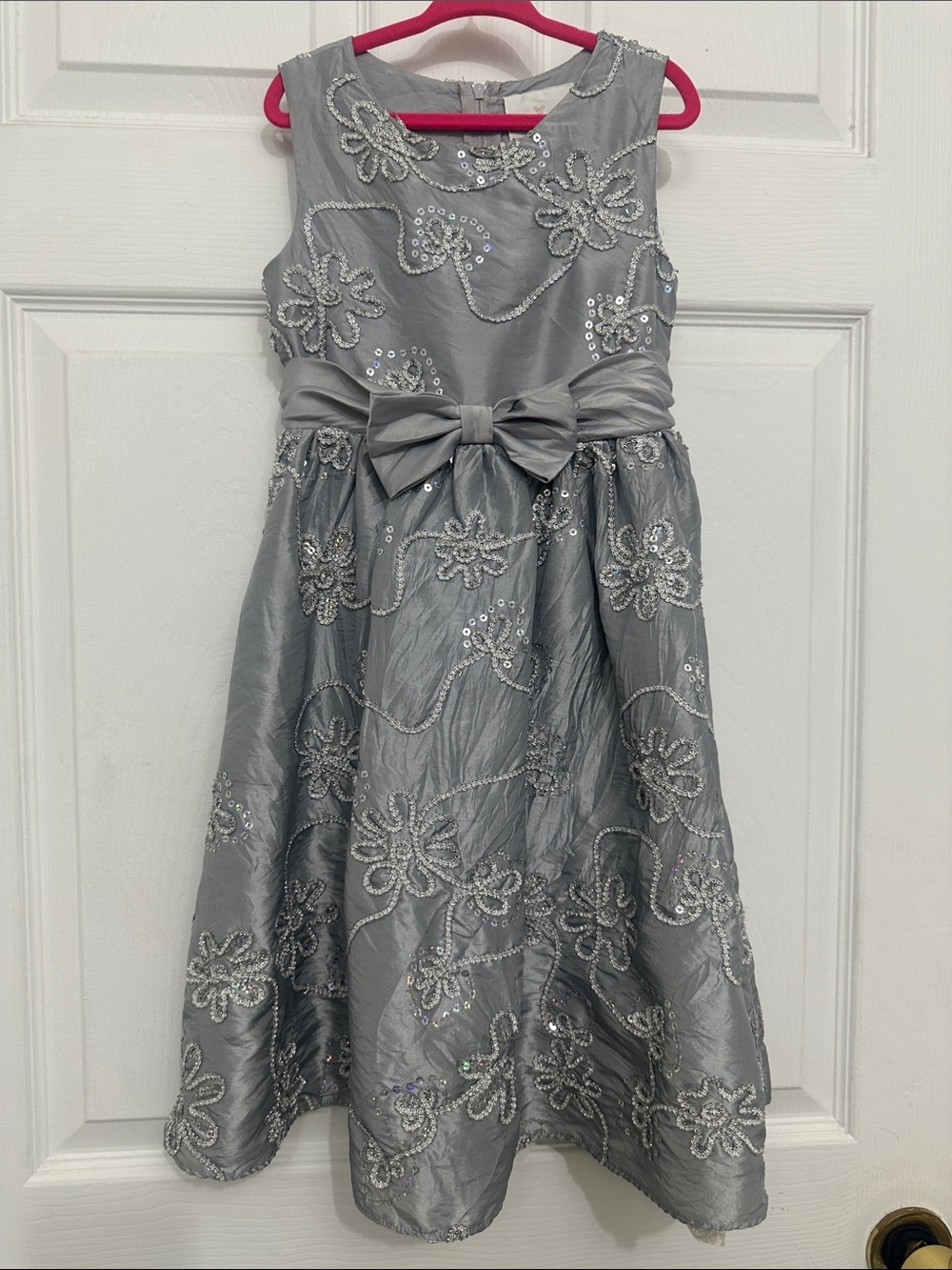Rare Editions Silver Floral Sequin Bow Dress